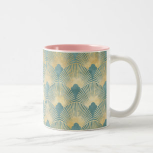 Teal gold pattern,fan feather pattern,Art Deco chi Two-Tone Coffee Mug