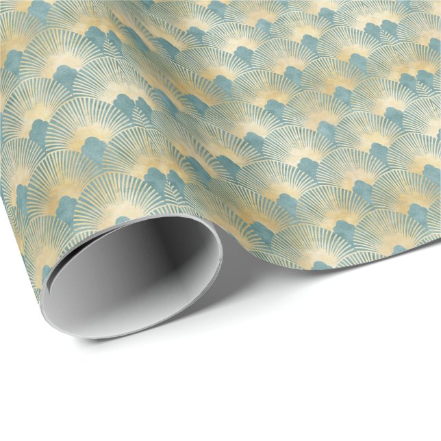 Teal gold pattern,fan feather pattern,Art Deco chi Wrapping Paper (Roll Corner)