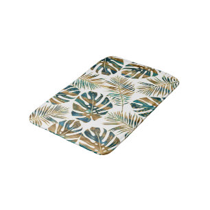 Teal, gold patterned tropical leaves brush strokes bath mat