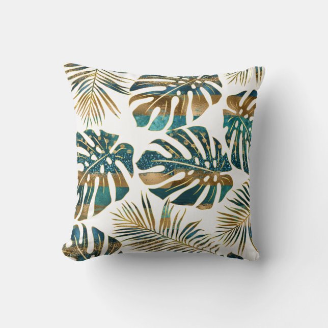 Teal gold patterned tropical leaves brush strokes throw pillow (Front)