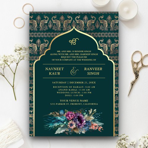 Teal Gold Peacock Anand Karaj Sikh Wedding Invitation