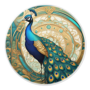 Teal Gold Peacock Bird Art Nouveau Art Deco Ceramic Knob