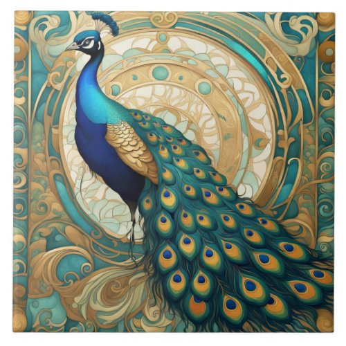 Teal Gold Peacock Bird Art Nouveau Art Deco Ceramic Tile