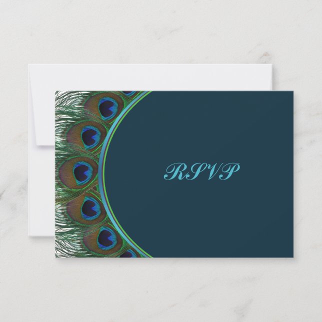 Teal, Gold Peacock Feathers RSVP Card (Front)