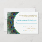 Teal, Gold Peacock Feathers RSVP Card (Back)