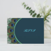 Teal, Gold Peacock Feathers RSVP Card (Standing Front)