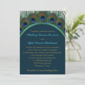 Teal, Gold Peacock Feathers Wedding Invitation (Standing Front)