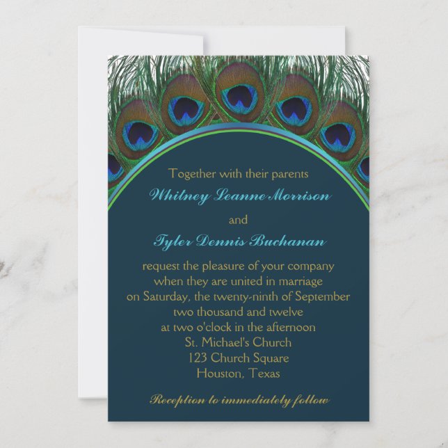 Teal, Gold Peacock Feathers Wedding Invitation (Front)