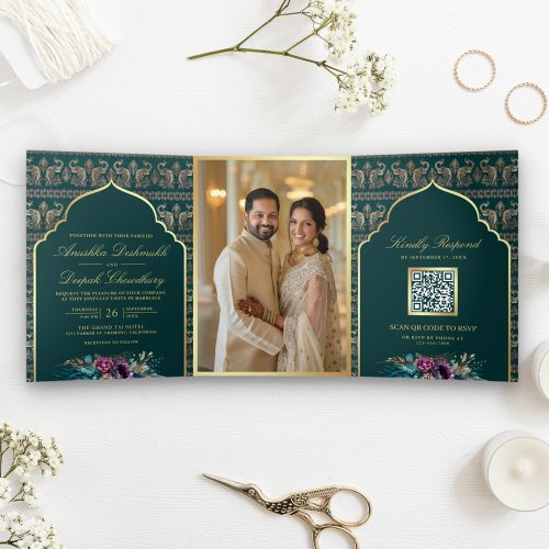 Teal Gold Peacock Pattern Floral Indian Wedding Tri_Fold Invitation