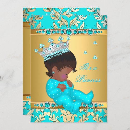 Teal Gold Pearl Princess Baby Shower Ethnic Invitation