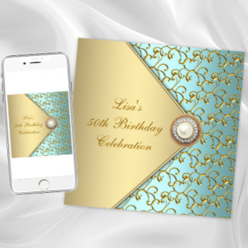 Teal Gold Pearl Womans 50th Birthday Party Invitation by InvitationCentral at Zazzle