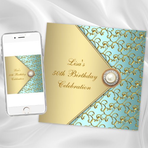 Teal Gold Pearl Womans 50th Birthday Party Personalized Announcement