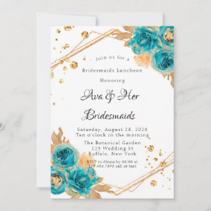 Teal Gold Peony Geometric Bridesmaids Luncheon Invitation
