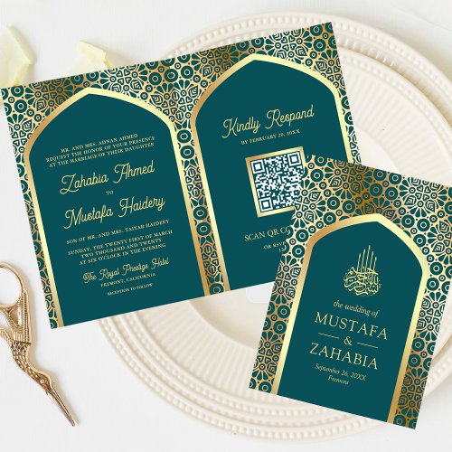 Teal Gold Persian Arch QR Code Muslim Wedding Invitation