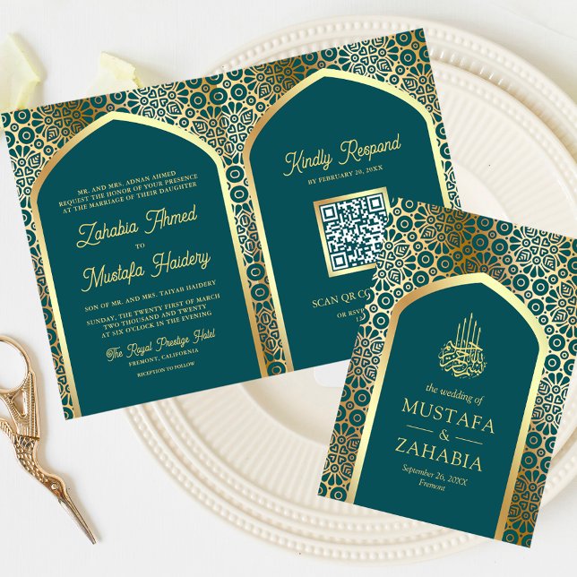 Teal Gold Persian Arch QR Code Muslim Wedding Invitation (Creator Uploaded)