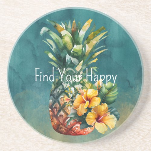 Teal Gold Pineapple Hibiscus Tropical Flowers Coaster
