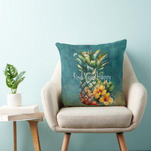 Teal Gold Pineapple Hibiscus Tropical Flowers  Throw Pillow