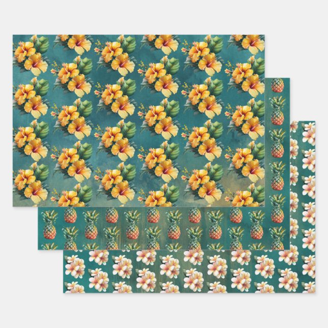 Teal Gold Pineapple Hibiscus Tropical Flowers   Wrapping Paper Sheets (Set)