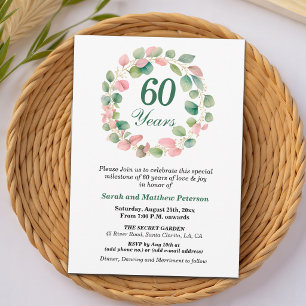 Teal Gold Pink Eucalyptus 60th Wedding Anniversary Invitation
