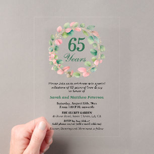 Teal Gold Pink Eucalyptus 65th Wedding Anniversary Acrylic Invitations