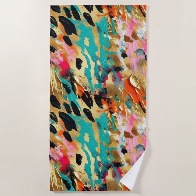 Teal gold Pink Leopard Paint Beach Towel (Front)