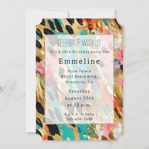 Teal gold Pink Leopard Paint Invitation