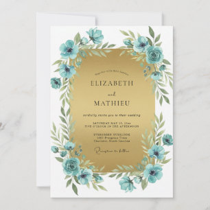 Teal Gold Poppy Wedding Invitation