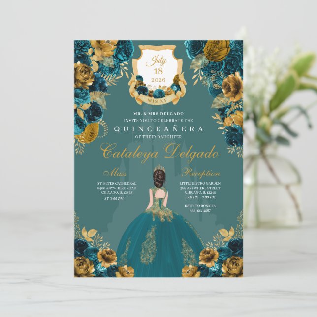 Teal & Gold Princess Castle Quinceañera Invitation (Standing Front)