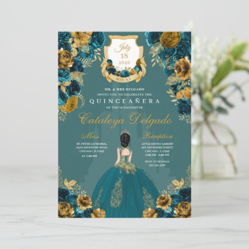 Teal  Gold Princess Castle Quinceaera Invitation