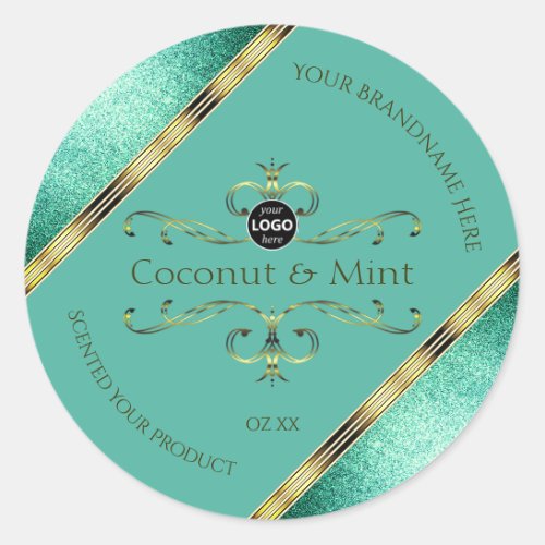 Teal Gold Product Labels Glitter Borders with Logo