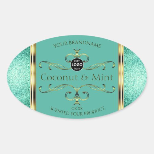 Teal Gold Product Labels Glitter Borders with Logo