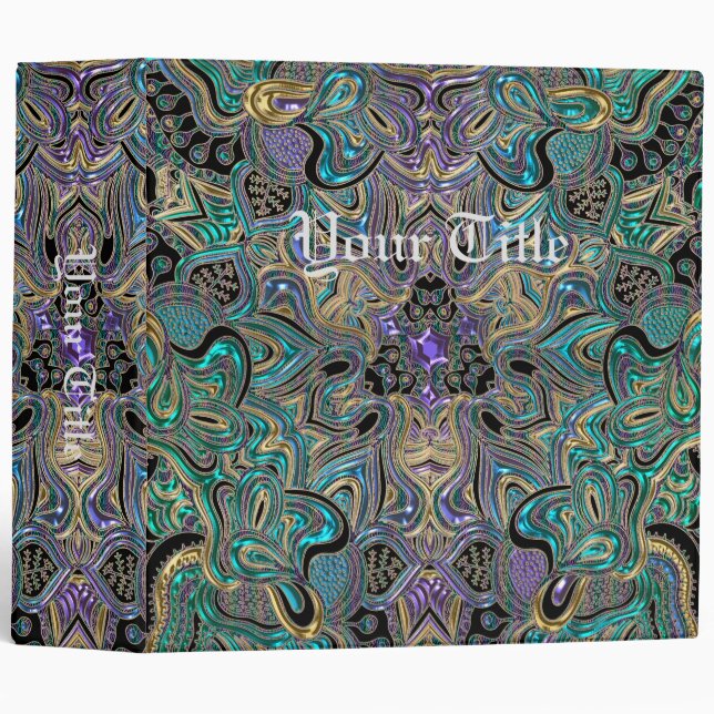 Teal Gold Purple Black Mandala 3 Ring Binder (Front/Spine)