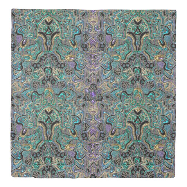 Teal Gold Purple Black Mandala Duvet Cover (Front)