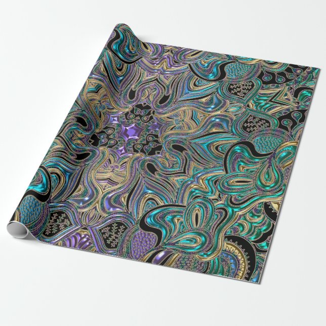 Teal Gold Purple Black Mandala Wrapping Paper (Unrolled)