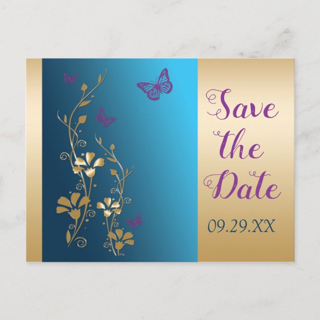 Teal Gold Purple Butterfly Save the Date Postcard (Front)