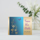 Teal Gold Purple Butterfly Save the Date Postcard (Standing Front)
