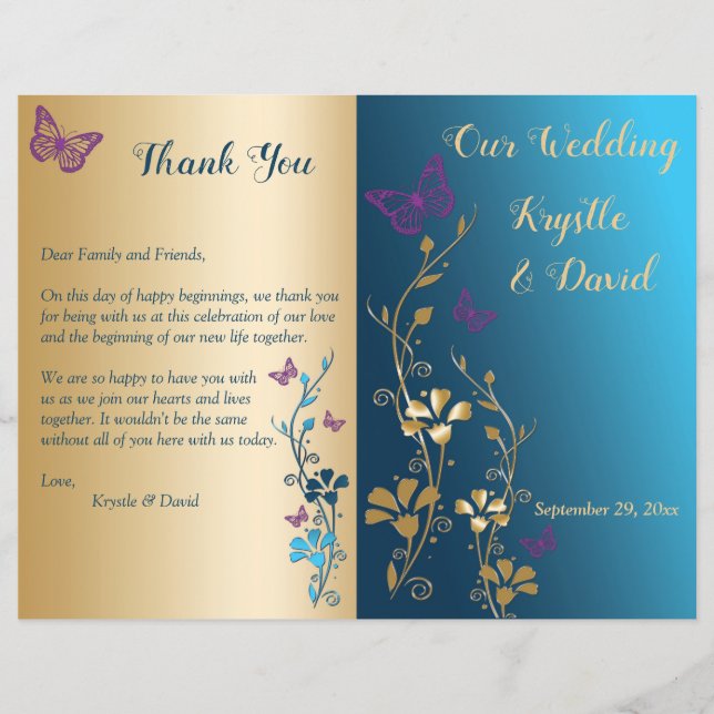 Teal Gold Purple Floral Bi-Fold Wedding Program (Front)
