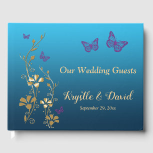 Teal, Gold, Purple Floral, Butterflies Guestbook