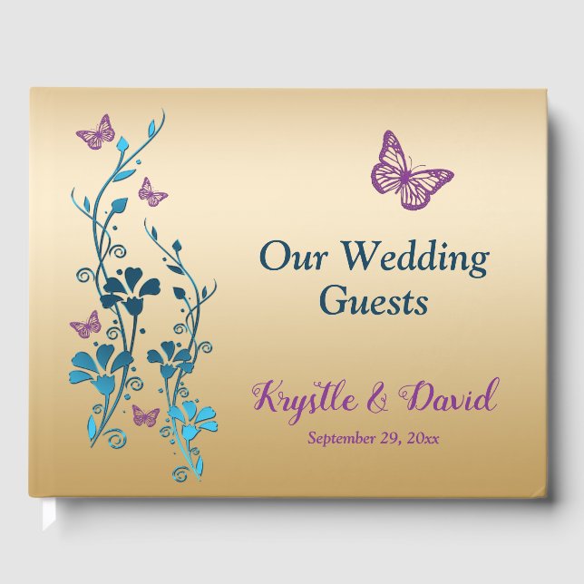 Teal, Gold, Purple Floral, Butterflies Guestbook 2 (Front)