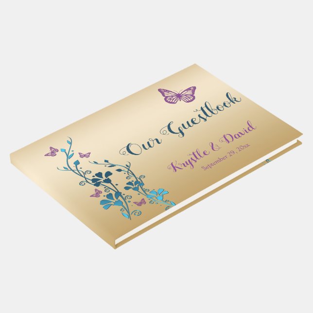Teal, Gold, Purple Floral, Butterflies Guestbook 2 (Corner)