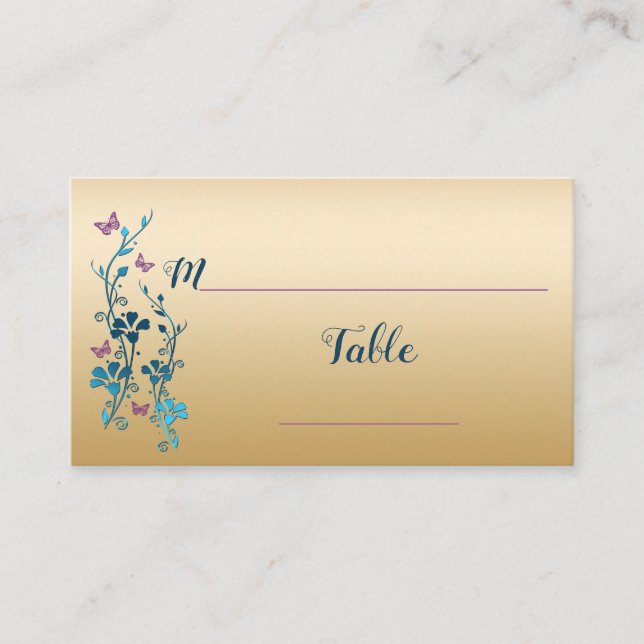 Teal, Gold, Purple Floral, Butterflies Placecards (Front)