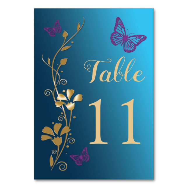 Teal Gold Purple Floral Butterflies Table Number (Front)