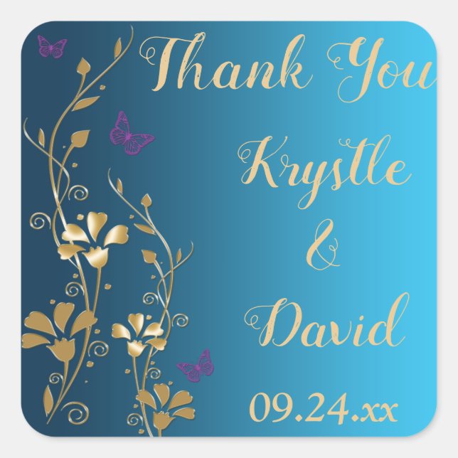 Teal, Gold, Purple Floral, Butterfly Favor Sticker (Front)