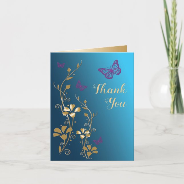 Teal Gold Purple Floral Thank You Card (Front)