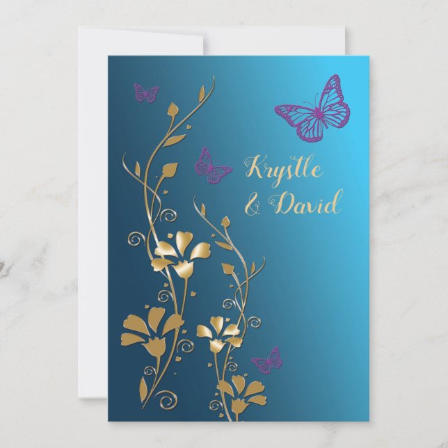 Teal, Gold, Purple Flowers and Butterflies Invite (Front)
