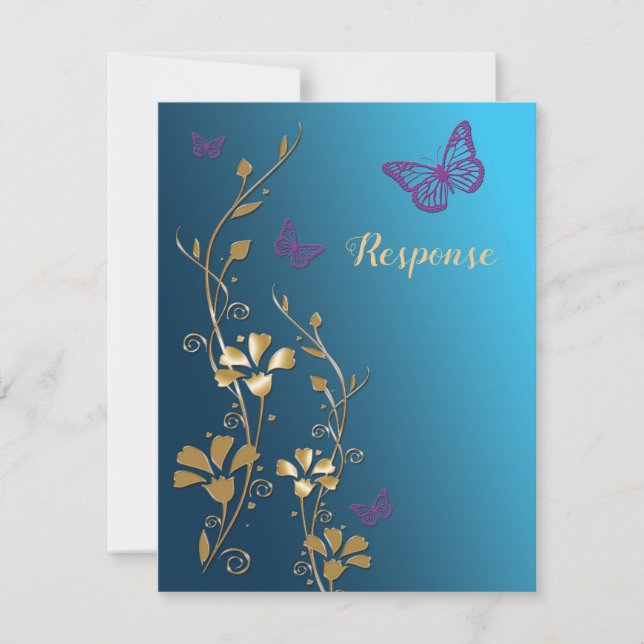 Teal, Gold, Purple Flowers and Butterflies RSVP Card (Front)