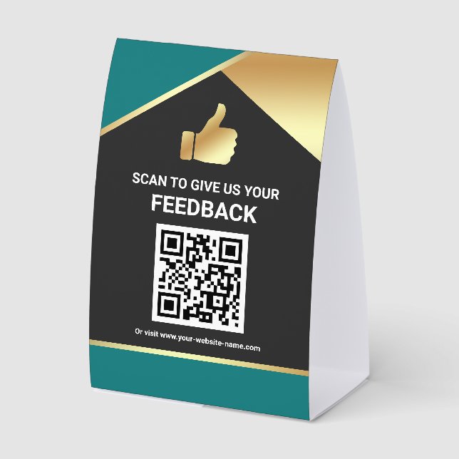 Teal Gold QR Code Customer Feedback Review Paper Table Tent (Front)