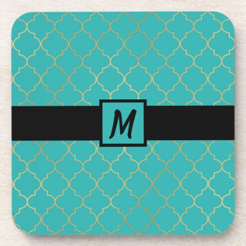 Teal  Gold Quatrefoil Pattern Beverage Coaster