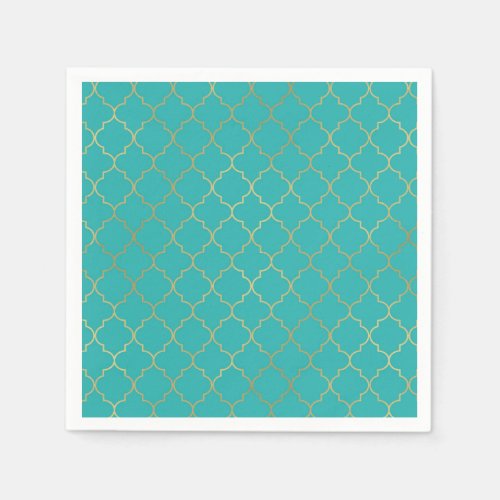 Teal  Gold Quatrefoil Pattern Party Napkins