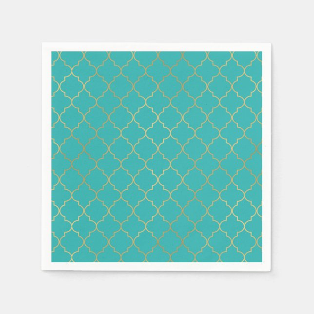 Teal & Gold Quatrefoil Pattern Party Napkins (Front)
